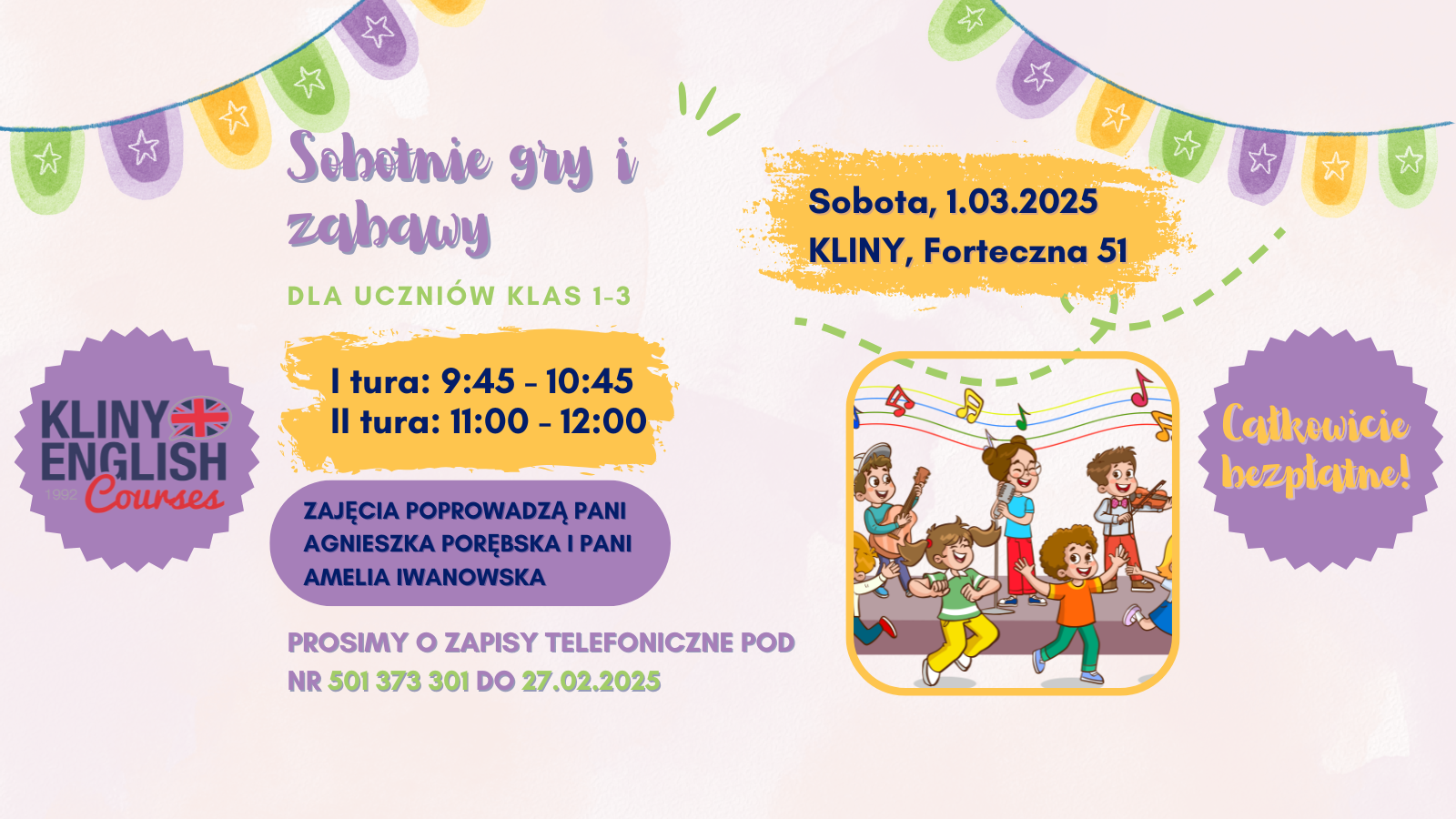 Bezpłatne warsztaty dla dzieci z klas 1-3! 🎉🇬🇧 Sobotnie gry i zabawy w języku angielskim w Kliny English Courses. Wybierz turę i zapisz dziecko do 27 lutego! 📞 501 373 301. Liczba miejsc ograniczona!
